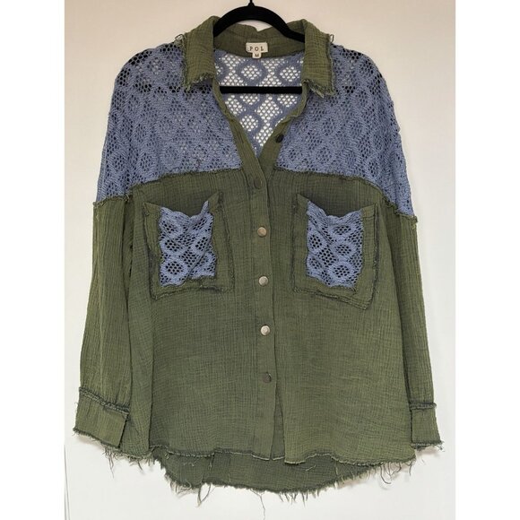 POL Tops - POL Anthropologie Gauzy Lace Button Up Shirt Shacket Boho Oversized Size Medium
